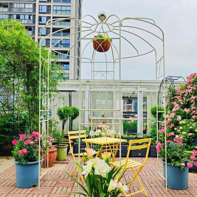 Main image of Spacious Metal Garden Arch with Birdcage Shape for Wedding, Ceremony, Party, Outdoor Pergola Pavilion with Ground Stakes and Iron Frame for Backyard, Lawn, Poolside (Cream White)