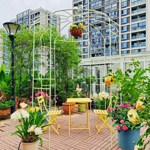 Alt view image 4 of 7 - Spacious Metal Garden Arch with Birdcage Shape for Wedding, Ceremony, Party, Outdoor Pergola Pavilion with Ground Stakes and Iron Frame for Backyard, Lawn, Poolside (Cream White)