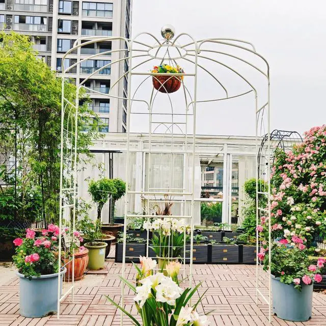 Alt view image 7 of 7 - Spacious Metal Garden Arch with Birdcage Shape for Wedding, Ceremony, Party, Outdoor Pergola Pavilion with Ground Stakes and Iron Frame for Backyard, Lawn, Poolside (Cream White)