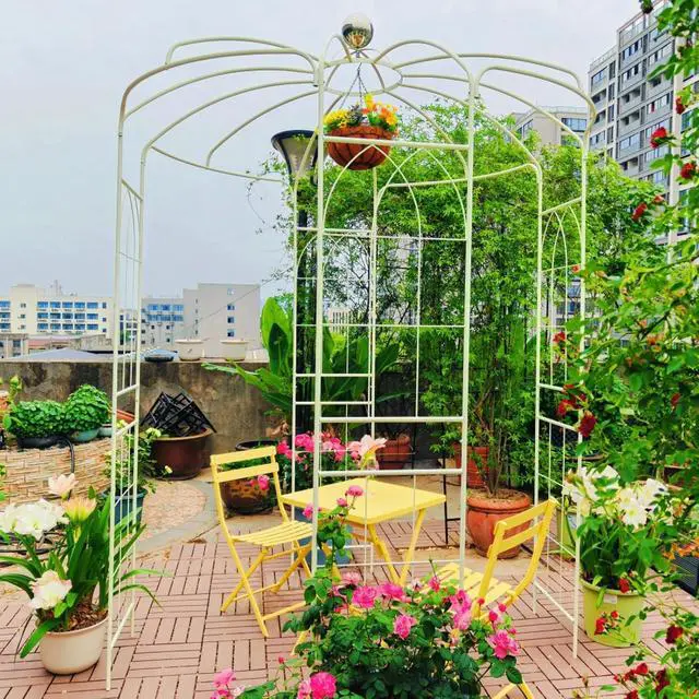 Alt view image 5 of 7 - Spacious Metal Garden Arch with Birdcage Shape for Wedding, Ceremony, Party, Outdoor Pergola Pavilion with Ground Stakes and Iron Frame for Backyard, Lawn, Poolside (Cream White)