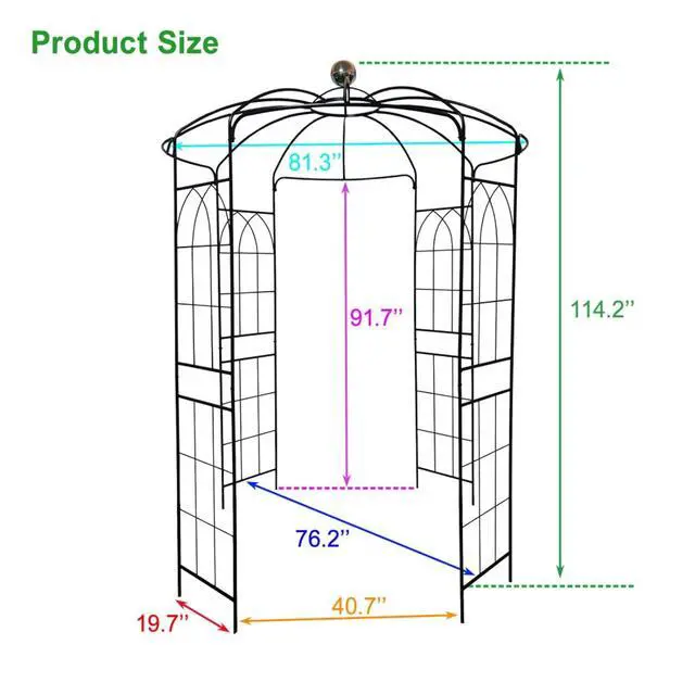 Alt view image 5 of 7 - Spacious Metal Garden Arch with Birdcage Shape for Wedding, Ceremony, Party, Outdoor Pergola Pavilion with Ground Stakes and Iron Frame for Backyard, Lawn, Poolside (Black)