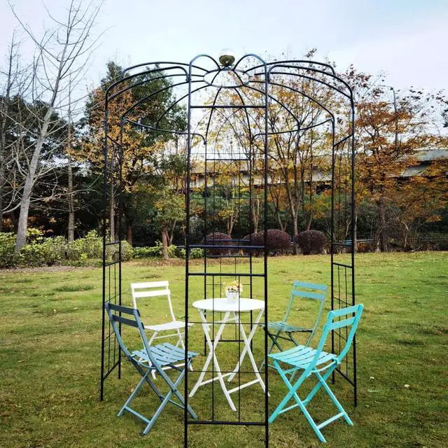 Alt view image 3 of 7 - Spacious Metal Garden Arch with Birdcage Shape for Wedding, Ceremony, Party, Outdoor Pergola Pavilion with Ground Stakes and Iron Frame for Backyard, Lawn, Poolside (Black)