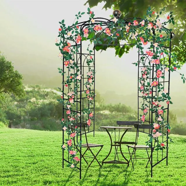 Alt view image 7 of 7 - Spacious Metal Garden Arch with Birdcage Shape for Wedding, Ceremony, Party, Outdoor Pergola Pavilion with Ground Stakes and Iron Frame for Backyard, Lawn, Poolside (Black)