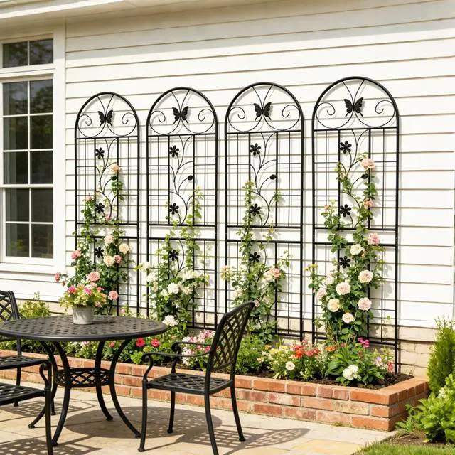 Alt view image 3 of 7 - Metal Garden Trellis with Butterfly and Flower Deco for Backyard, Lawn, Park, Outdoor Plant Support with Iron Frame for Growing Flowers, Plants, Vegetables (4 Pack)