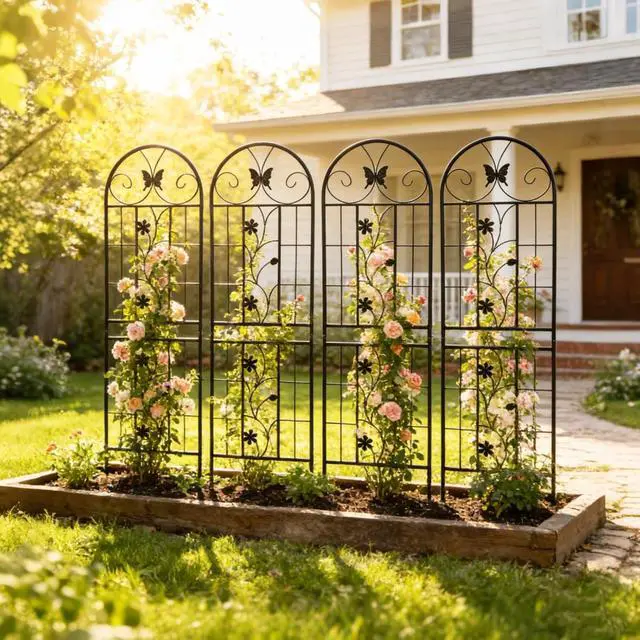 Alt view image 5 of 7 - Metal Garden Trellis with Butterfly and Flower Deco for Backyard, Lawn, Park, Outdoor Plant Support with Iron Frame for Growing Flowers, Plants, Vegetables (4 Pack)