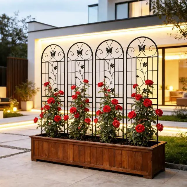 Alt view image 6 of 7 - Metal Garden Trellis with Butterfly and Flower Deco for Backyard, Lawn, Park, Outdoor Plant Support with Iron Frame for Growing Flowers, Plants, Vegetables (4 Pack)