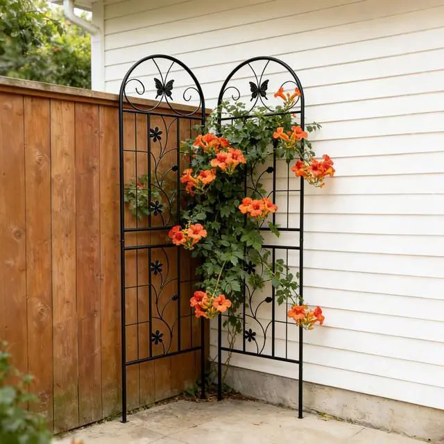Alt view image 7 of 7 - Metal Garden Trellis with Butterfly and Flower Deco for Backyard, Lawn, Park, Outdoor Plant Support with Iron Frame for Growing Flowers, Plants, Vegetables (4 Pack)