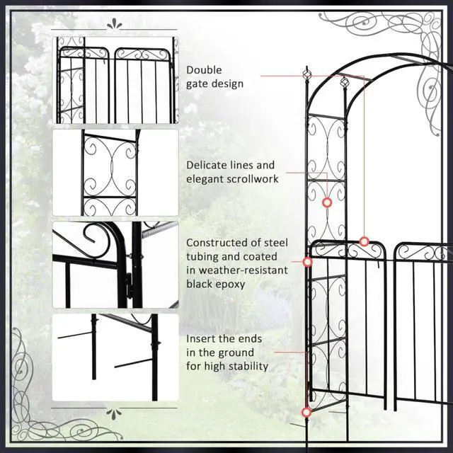 Alt view image 6 of 7 - Garden Arch Arbor with Gate for Wedding, Ceremony, Party, Outdoor Archway Garden Arbour Trellis with Elegant Pattern and Steel Frame for Growing Flowers, Plants, Vines