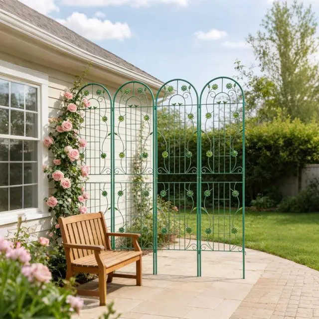 Alt view image 4 of 7 - Metal Grid Panels with Beautiful Flowers Pattern for Climbing Flowers, Plants, Outdoor Metal Trellis with Iron Frame for Backyard, Lawn, Garden, Metal Panels for Ivy Vines, Rose (4 Pack)