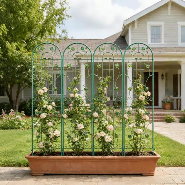 Alt view image 5 of 7 - Metal Grid Panels with Beautiful Flowers Pattern for Climbing Flowers, Plants, Outdoor Metal Trellis with Iron Frame for Backyard, Lawn, Garden, Metal Panels for Ivy Vines, Rose (4 Pack)
