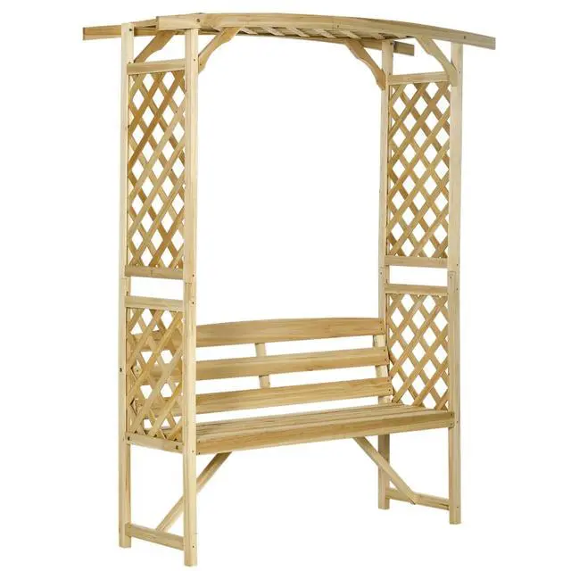 Alt view image 2 of 7 - Garden Arbor Arch with Bench for Garden, Backyard, Park, Lawn, Outdoor 3 Seat Wooden Bench with 2-in-1 Design and Two Trellises & Pergola Top for Growing Flowers, Plants