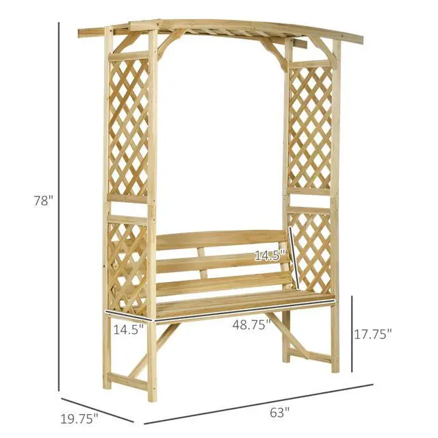 Alt view image 3 of 7 - Garden Arbor Arch with Bench for Garden, Backyard, Park, Lawn, Outdoor 3 Seat Wooden Bench with 2-in-1 Design and Two Trellises & Pergola Top for Growing Flowers, Plants