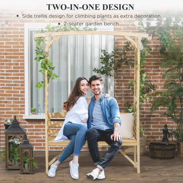 Alt view image 4 of 7 - Garden Arbor Arch with Bench for Garden, Backyard, Park, Lawn, Outdoor 3 Seat Wooden Bench with 2-in-1 Design and Two Trellises & Pergola Top for Growing Flowers, Plants