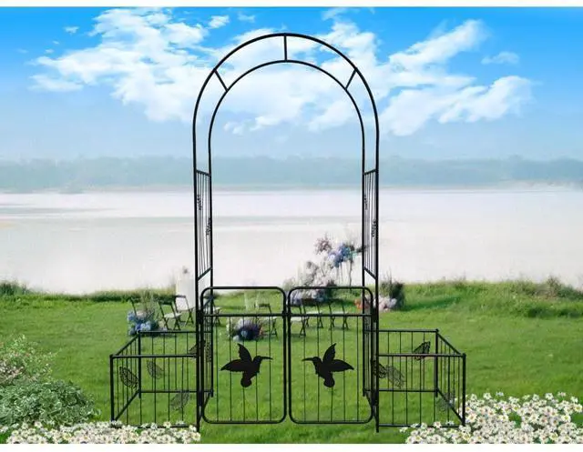 Main image of Metal Garden Arch with Doors and Birds & Leaf Pattern for Backyard, Lawn, Outdoor Archway with Planter Box and Iron Frame for Growing Flowers, Plants, Vegetables