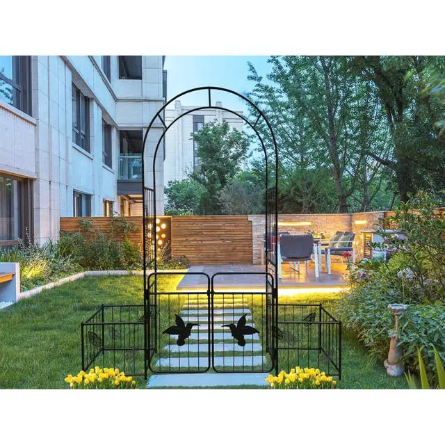 Alt view image 2 of 7 - Metal Garden Arch with Doors and Birds & Leaf Pattern for Backyard, Lawn, Outdoor Archway with Planter Box and Iron Frame for Growing Flowers, Plants, Vegetables