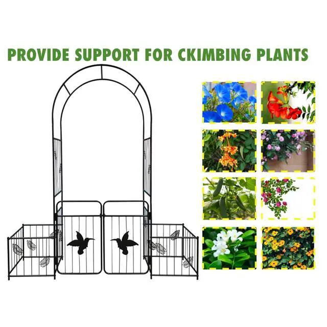 Alt view image 4 of 7 - Metal Garden Arch with Doors and Birds & Leaf Pattern for Backyard, Lawn, Outdoor Archway with Planter Box and Iron Frame for Growing Flowers, Plants, Vegetables