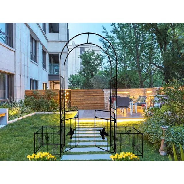 Alt view image 3 of 7 - Metal Garden Arch with Doors and Birds & Leaf Pattern for Backyard, Lawn, Outdoor Archway with Planter Box and Iron Frame for Growing Flowers, Plants, Vegetables