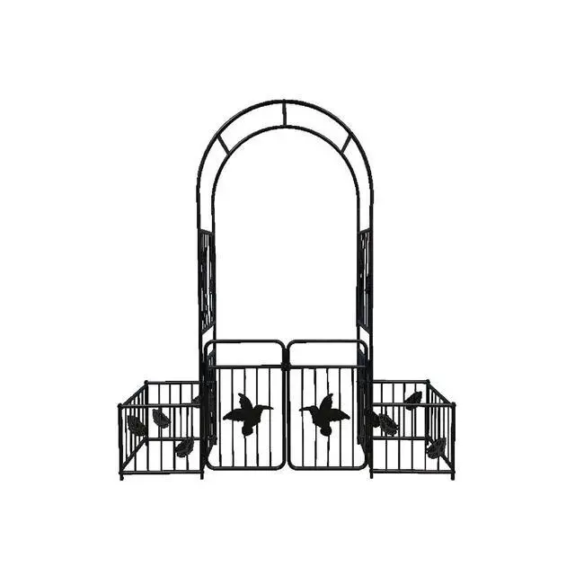 Alt view image 7 of 7 - Metal Garden Arch with Doors and Birds & Leaf Pattern for Backyard, Lawn, Outdoor Archway with Planter Box and Iron Frame for Growing Flowers, Plants, Vegetables