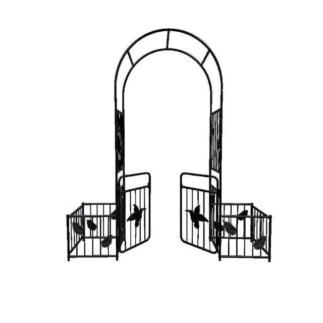 Alt view image 5 of 7 - Metal Garden Arch with Doors and Birds & Leaf Pattern for Backyard, Lawn, Outdoor Archway with Planter Box and Iron Frame for Growing Flowers, Plants, Vegetables