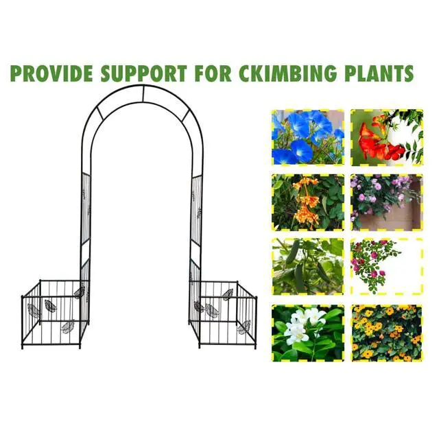 Alt view image 3 of 7 - Metal Garden Arch Trellis with Leaf Pattern and Iron Frame for Growing Flowers, Vegetables, Outdoor Elegant Arbour Archway with 8 Ground Stakes for Wedding, Party