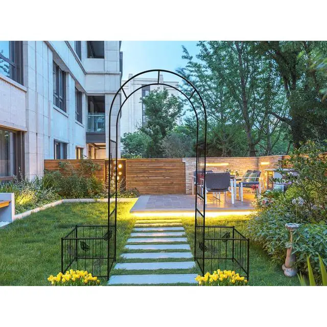 Alt view image 2 of 7 - Metal Garden Arch Trellis with Leaf Pattern and Iron Frame for Growing Flowers, Vegetables, Outdoor Elegant Arbour Archway with 8 Ground Stakes for Wedding, Party
