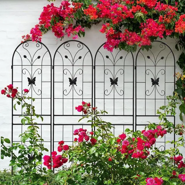 Main image of Metal Garden Trellis with Butterfly Deco and Durable Iron Frame for Growing Flowers, Plants, Outdoor Rustproof Trellis with Metal Galvanized Tube for Backyard, Lawn (4 Pack)