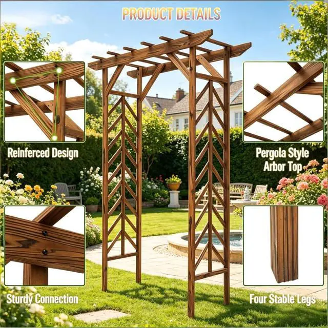 Alt view image 3 of 7 - Vintage Garden Arbor Arch Trellis with Pergola Style Arbor Top for Backyard, Lawn, Outdoor Archway with Fir Wood Frame and Stable Legs for Growing Flowers, Plants
