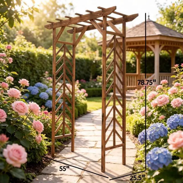 Alt view image 5 of 7 - Vintage Garden Arbor Arch Trellis with Pergola Style Arbor Top for Backyard, Lawn, Outdoor Archway with Fir Wood Frame and Stable Legs for Growing Flowers, Plants