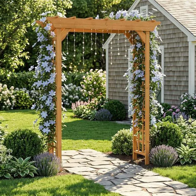 Alt view image 2 of 7 - Wooden Garden Arbor with Fir Wood Frame and Pergola-Style Top for Wedding, Party, Ceremony, Outdoor Archway Trellis with Ground Stakes for Backyard, Lawn, Park, Poolside (Light Brown)
