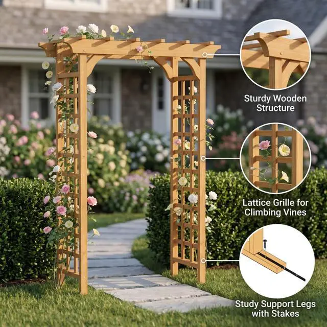 Alt view image 4 of 7 - Wooden Garden Arbor with Fir Wood Frame and Pergola-Style Top for Wedding, Party, Ceremony, Outdoor Archway Trellis with Ground Stakes for Backyard, Lawn, Park, Poolside (Light Brown)
