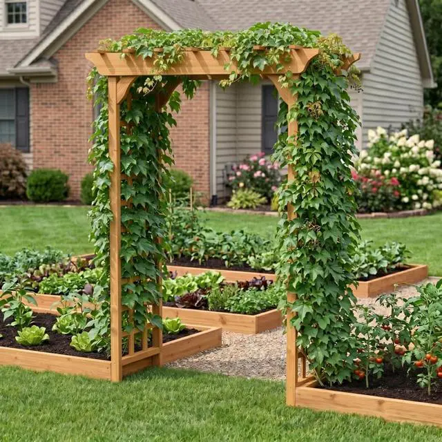 Alt view image 3 of 7 - Wooden Garden Arbor with Fir Wood Frame and Pergola-Style Top for Wedding, Party, Ceremony, Outdoor Archway Trellis with Ground Stakes for Backyard, Lawn, Park, Poolside (Light Brown)