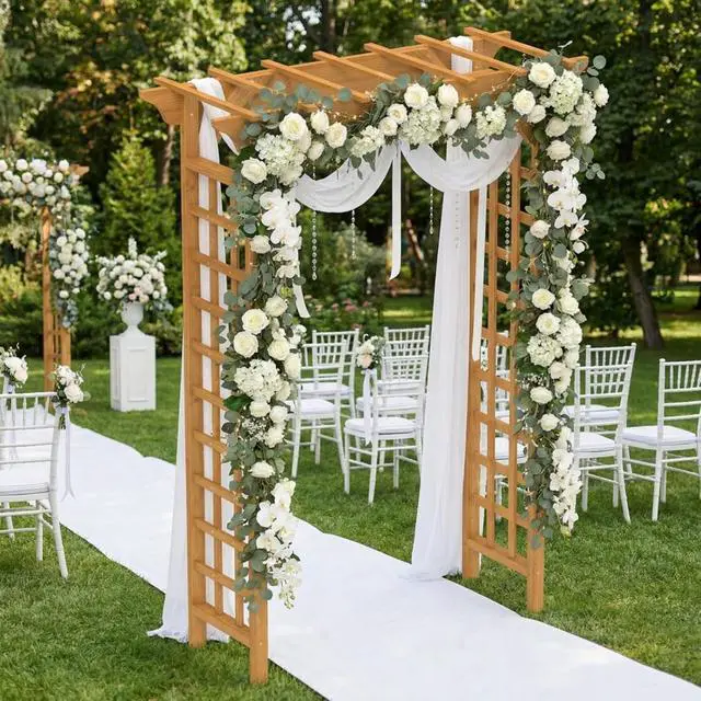 Alt view image 5 of 7 - Wooden Garden Arbor with Fir Wood Frame and Pergola-Style Top for Wedding, Party, Ceremony, Outdoor Archway Trellis with Ground Stakes for Backyard, Lawn, Park, Poolside (Light Brown)