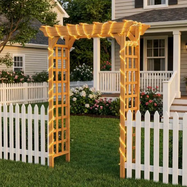 Alt view image 6 of 7 - Wooden Garden Arbor with Fir Wood Frame and Pergola-Style Top for Wedding, Party, Ceremony, Outdoor Archway Trellis with Ground Stakes for Backyard, Lawn, Park, Poolside (Light Brown)