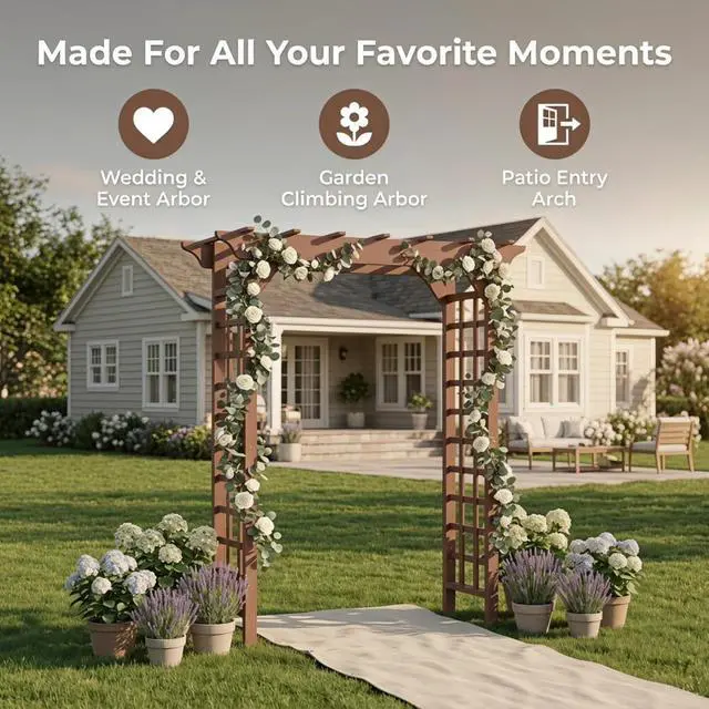 Alt view image 4 of 7 - Wooden Garden Arbor with Fir Wood Frame and Pergola-Style Top for Wedding, Party, Ceremony, Outdoor Archway Trellis with Ground Stakes for Backyard, Lawn, Park, Poolside (Brown)
