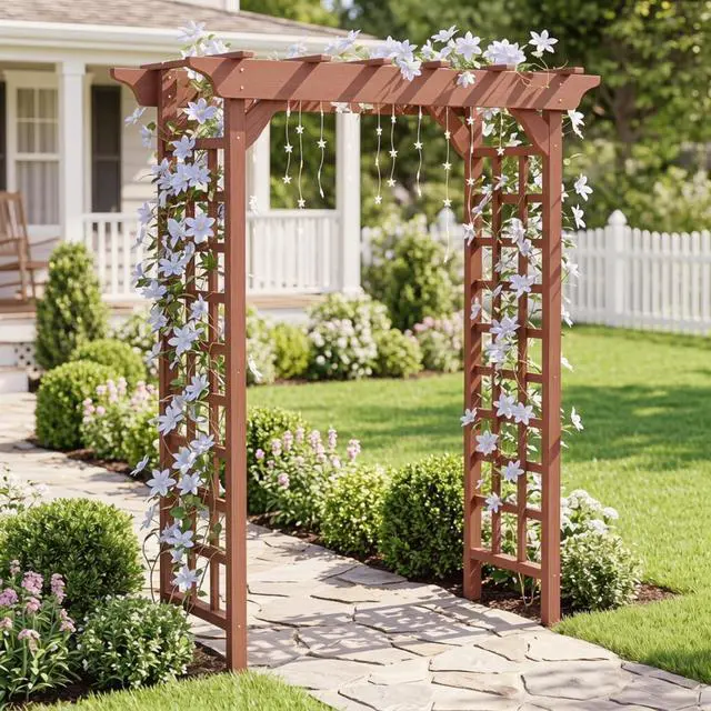 Main image of Wooden Garden Arbor with Fir Wood Frame and Pergola-Style Top for Wedding, Party, Ceremony, Outdoor Archway Trellis with Ground Stakes for Backyard, Lawn, Park, Poolside (Brown)