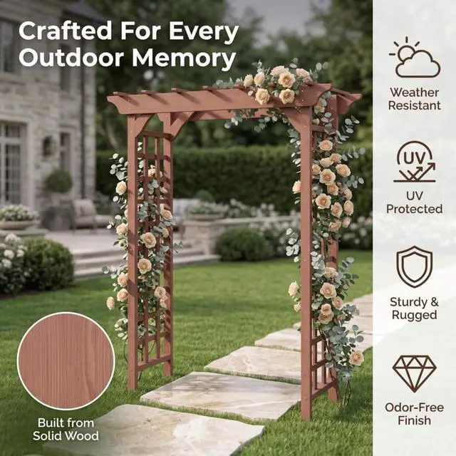 Alt view image 5 of 7 - Wooden Garden Arbor with Fir Wood Frame and Pergola-Style Top for Wedding, Party, Ceremony, Outdoor Archway Trellis with Ground Stakes for Backyard, Lawn, Park, Poolside (Brown)