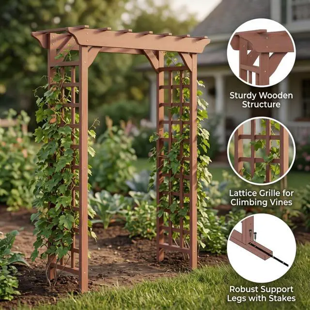 Alt view image 3 of 7 - Wooden Garden Arbor with Fir Wood Frame and Pergola-Style Top for Wedding, Party, Ceremony, Outdoor Archway Trellis with Ground Stakes for Backyard, Lawn, Park, Poolside (Brown)