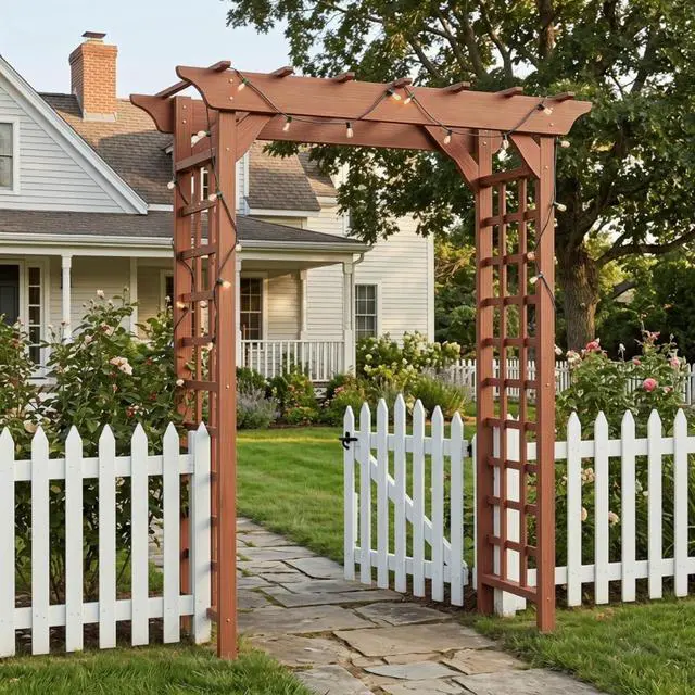 Alt view image 6 of 7 - Wooden Garden Arbor with Fir Wood Frame and Pergola-Style Top for Wedding, Party, Ceremony, Outdoor Archway Trellis with Ground Stakes for Backyard, Lawn, Park, Poolside (Brown)