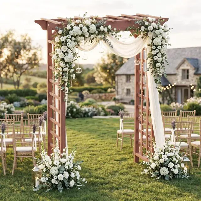 Alt view image 7 of 7 - Wooden Garden Arbor with Fir Wood Frame and Pergola-Style Top for Wedding, Party, Ceremony, Outdoor Archway Trellis with Ground Stakes for Backyard, Lawn, Park, Poolside (Brown)