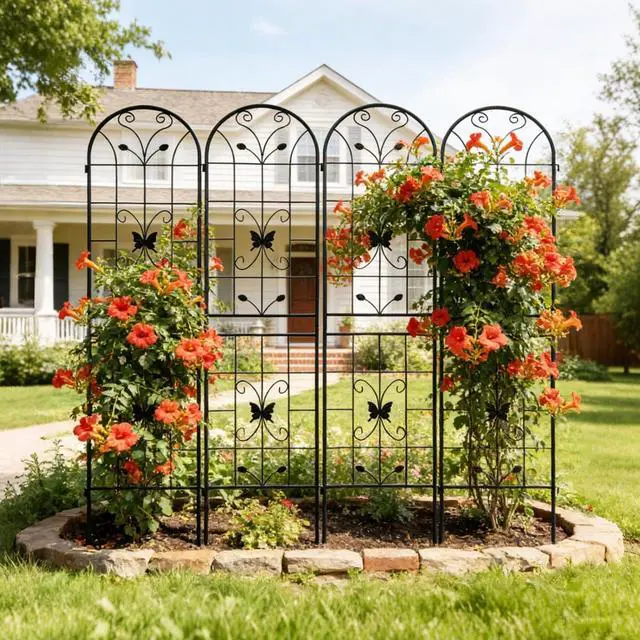 Main image of Metal Garden Trellis with Yellow Butterfly Pattern and Galvanized Round Pipe for Growing Flowers, Vines, Outdoor Flower Support with Iron Frame for Backyard, Garden, Lawn (4 Pack-Black)