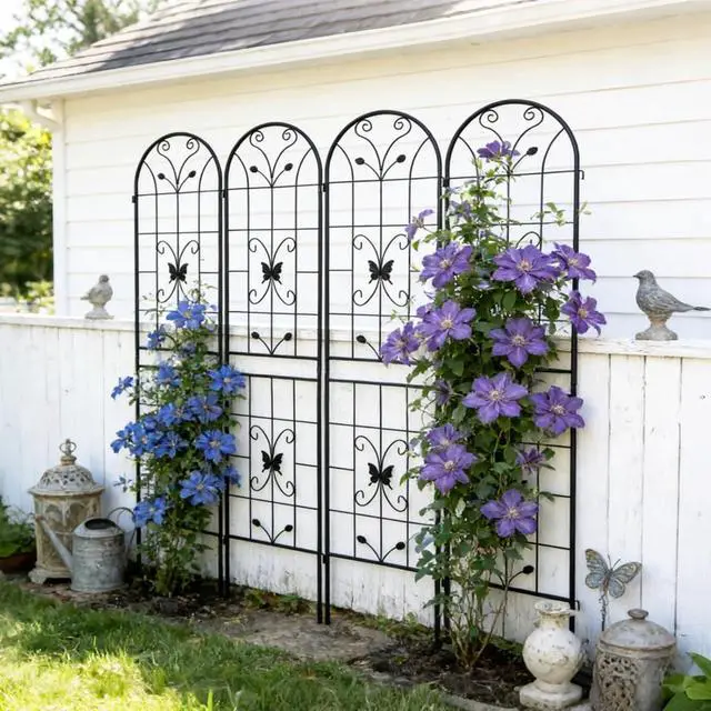Alt view image 2 of 7 - Metal Garden Trellis with Yellow Butterfly Pattern and Galvanized Round Pipe for Growing Flowers, Vines, Outdoor Flower Support with Iron Frame for Backyard, Garden, Lawn (4 Pack-Black)