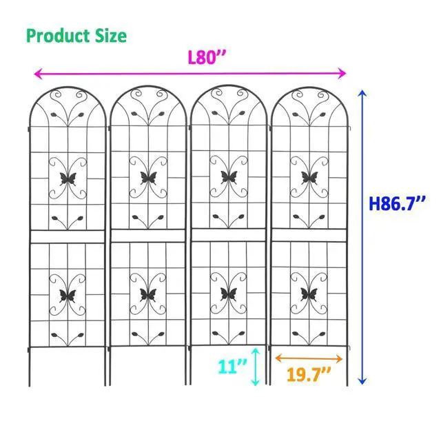 Alt view image 3 of 7 - Metal Garden Trellis with Yellow Butterfly Pattern and Galvanized Round Pipe for Growing Flowers, Vines, Outdoor Flower Support with Iron Frame for Backyard, Garden, Lawn (4 Pack-Black)