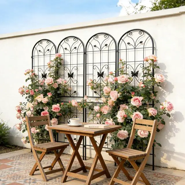 Alt view image 4 of 7 - Metal Garden Trellis with Yellow Butterfly Pattern and Galvanized Round Pipe for Growing Flowers, Vines, Outdoor Flower Support with Iron Frame for Backyard, Garden, Lawn (4 Pack-Black)