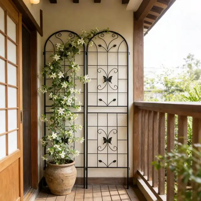 Alt view image 5 of 7 - Metal Garden Trellis with Yellow Butterfly Pattern and Galvanized Round Pipe for Growing Flowers, Vines, Outdoor Flower Support with Iron Frame for Backyard, Garden, Lawn (4 Pack-Black)
