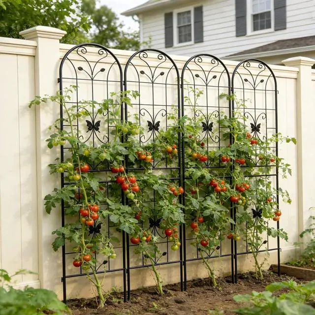 Alt view image 6 of 7 - Metal Garden Trellis with Yellow Butterfly Pattern and Galvanized Round Pipe for Growing Flowers, Vines, Outdoor Flower Support with Iron Frame for Backyard, Garden, Lawn (4 Pack-Black)