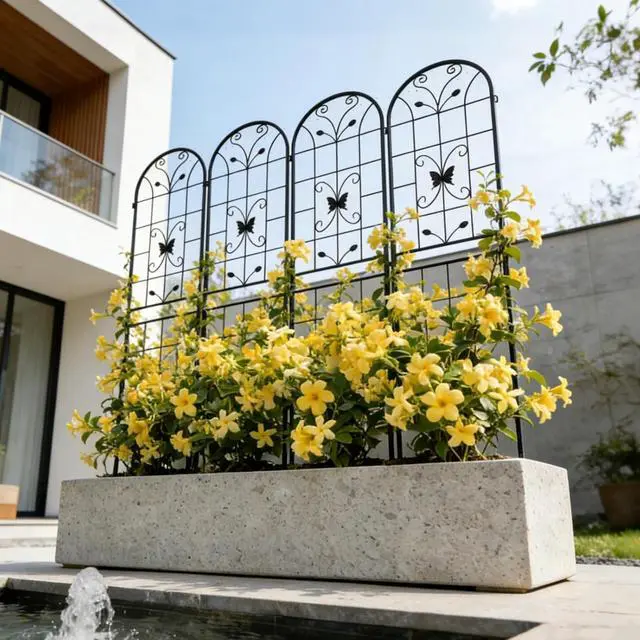 Alt view image 7 of 7 - Metal Garden Trellis with Yellow Butterfly Pattern and Galvanized Round Pipe for Growing Flowers, Vines, Outdoor Flower Support with Iron Frame for Backyard, Garden, Lawn (4 Pack-Black)