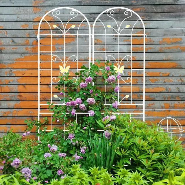 Main image of Metal Garden Trellis with Yellow Butterfly Pattern and Galvanized Round Pipe for Growing Flowers, Vines, Outdoor Flower Support with Iron Frame for Backyard, Garden, Lawn (4 Pack-Cream White)