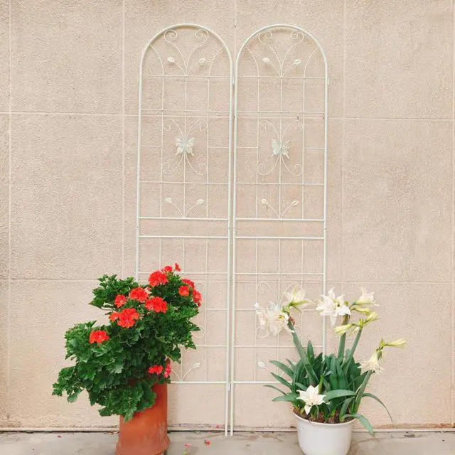 Alt view image 2 of 7 - Metal Garden Trellis with Yellow Butterfly Pattern and Galvanized Round Pipe for Growing Flowers, Vines, Outdoor Flower Support with Iron Frame for Backyard, Garden, Lawn (4 Pack-Cream White)