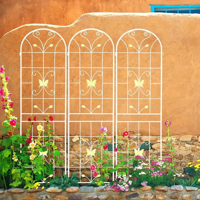 Alt view image 5 of 7 - Metal Garden Trellis with Yellow Butterfly Pattern and Galvanized Round Pipe for Growing Flowers, Vines, Outdoor Flower Support with Iron Frame for Backyard, Garden, Lawn (4 Pack-Cream White)
