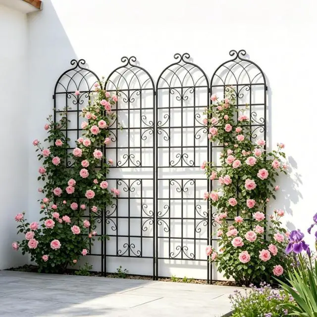Main image of 4 Pack Metal Garden Trellis with Metal Galvanized Tube for Growing Flowers, Plants, Vines, Outdoor Arched Grid Trellis Panels with Elegant Design for Backyard, Porch (Black)